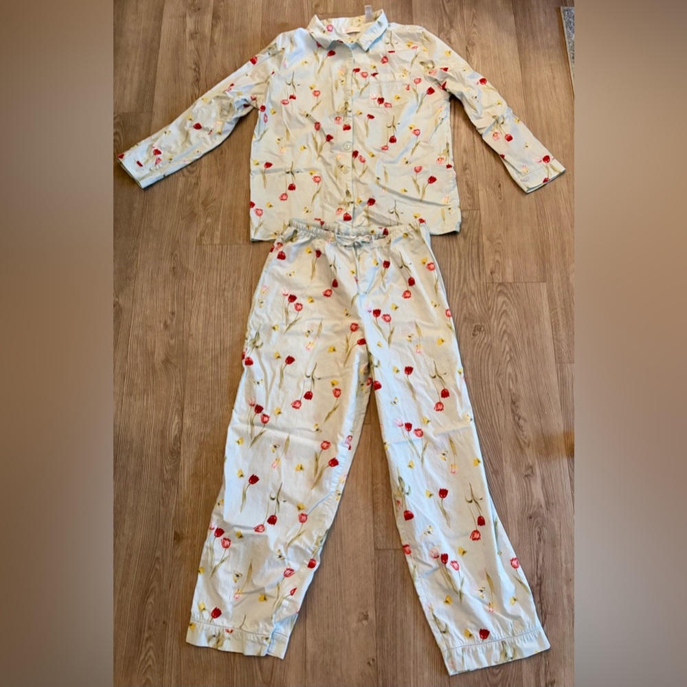 Lord & Taylor Cream Pajama Set with Red and Yellow Floral Designs